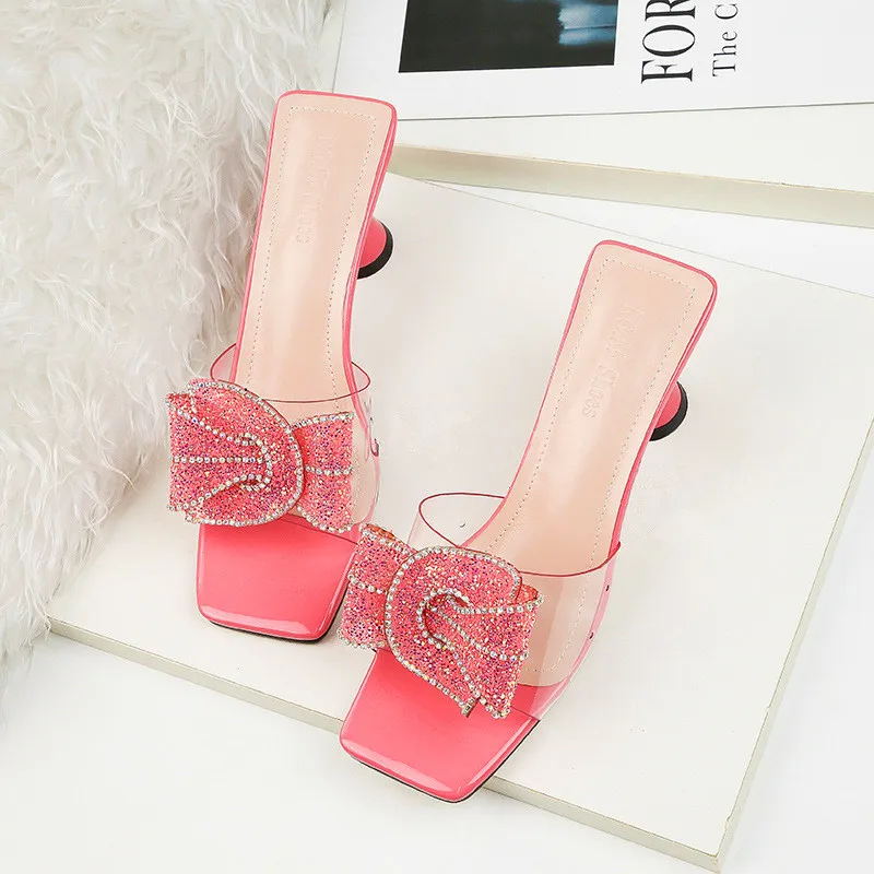 Женские шлепанцы с бантом элегантные прозрачные туфли на высоком каблуке