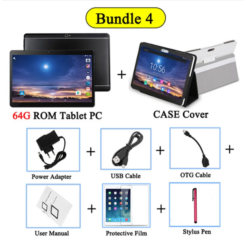 64GB ADD CASE DHL,, 10 дюймов, четыре ядра, 3G, планшетный ПК, Android 8,0, ОЗУ, 4 Гб ПЗУ, 64 ГБ, 10,1 МП, две sim-карты, слот для Bluetooth, gps, планшеты,+ подарки - Комплект: 64GB ADD CASE