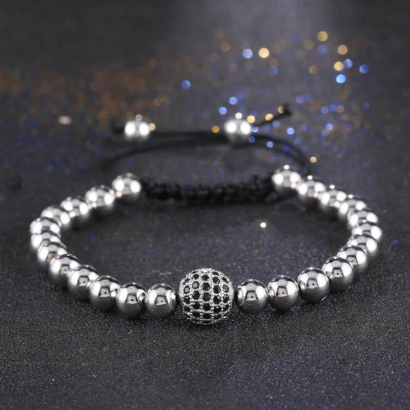 Мужская Браслеты 24 К Позолоченные Круглые Бусины и 10 мм Micro Pave Черный CZ Бисер 1