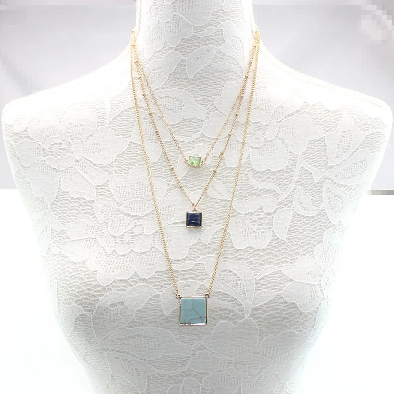 Многослойный квадратный лазурит калаллейт кулон из натурального камня короткая