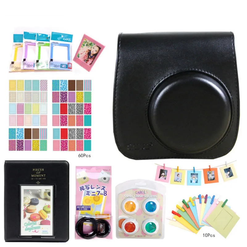 black Новые аксессуары для камеры Fujifilm Instax Mini 8/8+/9 кожаный чехол-сумка с ремешком для съемки крупным планом наклейка для селфи фильтр для объектива фотоальбом - Цвет: black