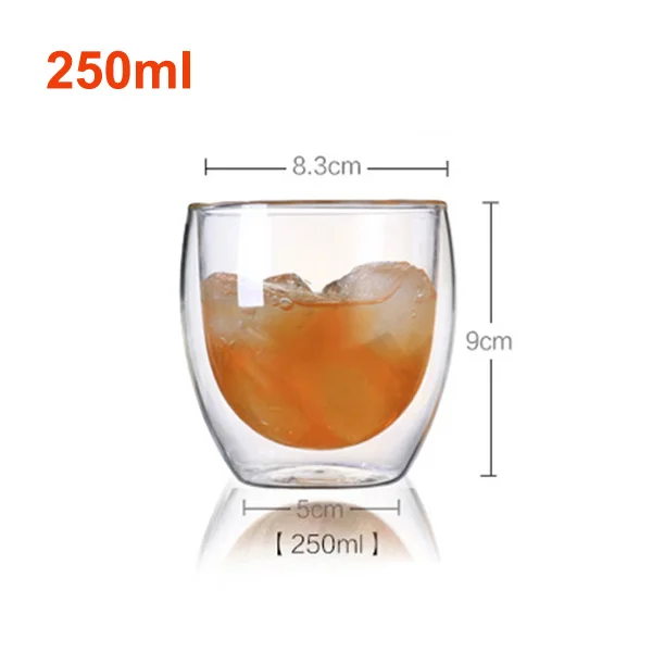 250ml Стеклянные чашки с двойными стенками, изолированные капучино кружки для латте, вина/пива, фруктов и цветов, чайные чашки, стеклянные чашки для молока, прозрачные - Цвет: 250ml