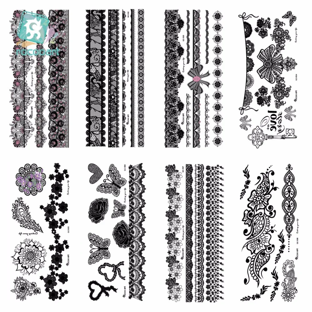 

10 Different Lace Black Henna Temporary Tattoo Sticker Women Hand Jewelry Paste bowknot Waterproof Fake Body Art Tatoo