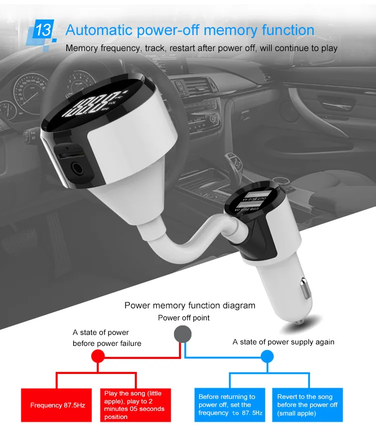 

YUANMINGSHI Bluetooth Car Kit Handsfree FM Transmitter Support TF MP3 Music Player Voltage Display 5V 3.1A Dual USB Car Charger