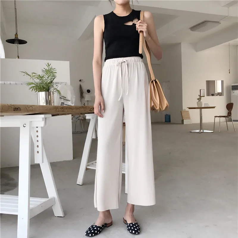 Pure Color Casual Lace Up Women Wide Leg Pants Loose High Waist Palazzo Black Ankle-Length Summer Trousers | Женская одежда