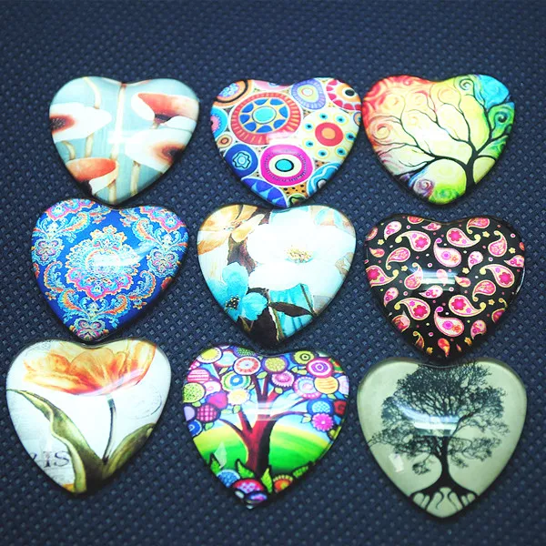 10pcs lot Glass Cabochons Surface for Jewelry Pendants Making Heart Shape Size 25mm,30mm Mix colors