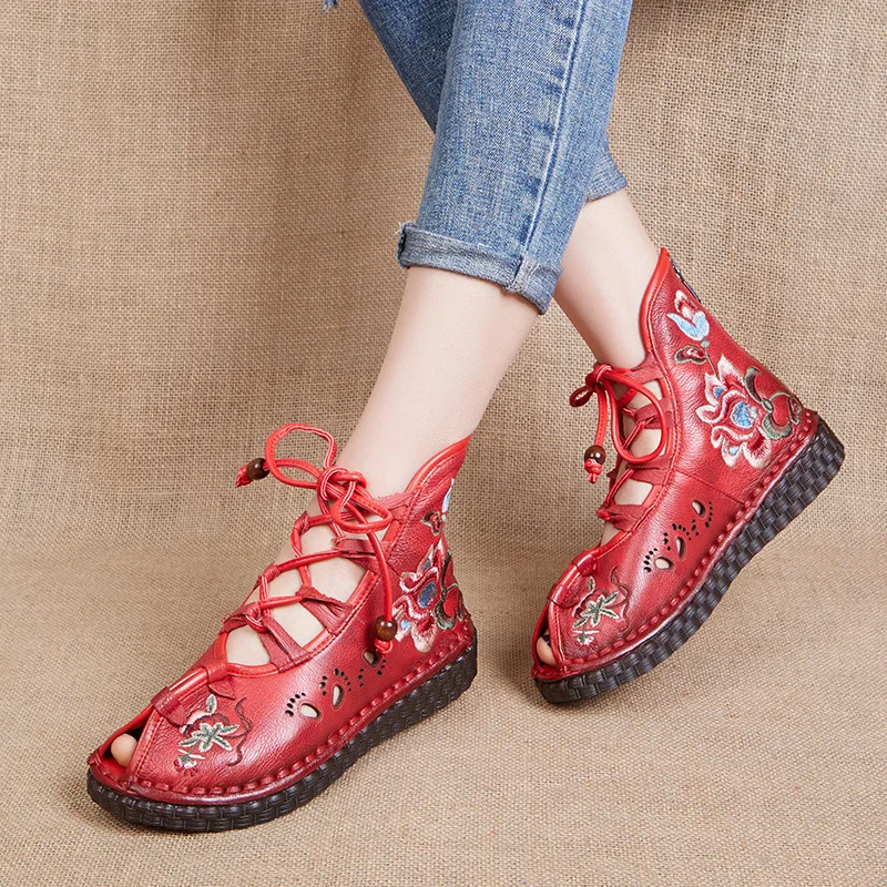 Johnature New Retro Genuine Leather Embroidery Floral Hollow Lace-up Cover Heel Casual Open Toe Shoes Women Flat Sandals