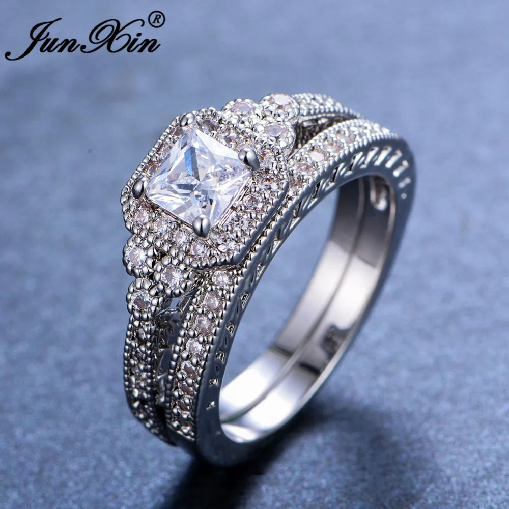 

Luxury White Zircon Stone Ring Set New Fashion Silver Color Engagement Ring Vintage Wedding Rings For Women Bridal Sets