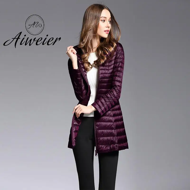 Женский пуховик с капюшоном Aiweier тонкий однотонный длинный на молнии для осени и