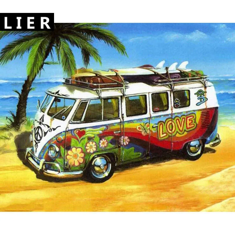LIER 3D Diy Diamond embroidery travel bus landcape diamond painting beach Coconut tree colorful flowers Cross Stitch Wall Art | Дом и сад