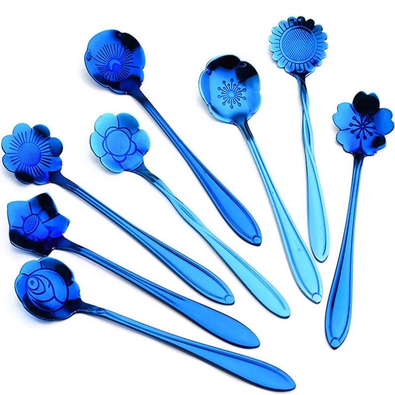 Blue JINJIAN,, 8 шт., Радужный столовый набор из нержавеющей стали, кофейный набор, 7 цветов на выбор, мороженое, десерт, чай, столовые приборы - Цвет: Blue