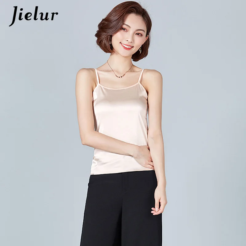 Apricot Jielur сексуальный женский жилет чистый цвет корейский шелк Camis повседневная 8 цветов топ на бретелях простые элегантные женские топы большие размеры Roupas Femininas - Цвет: Apricot