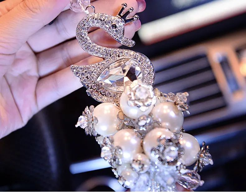 Зеркало заднего вида автомобиля интерьер Мода Кристалл Bling ЛЕБЕДЬ висячий орнамент горный хрусталь Украшение Алмазная прелестная жемчужная подвеска