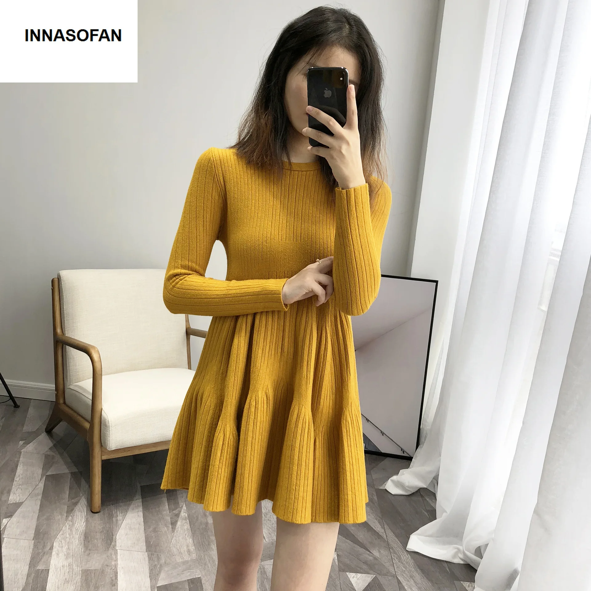 INNASOFAN dressWomen's Autumn-winter knitted mini-dress Euro-American fashion long sweater with flounces and sleeves | Женская