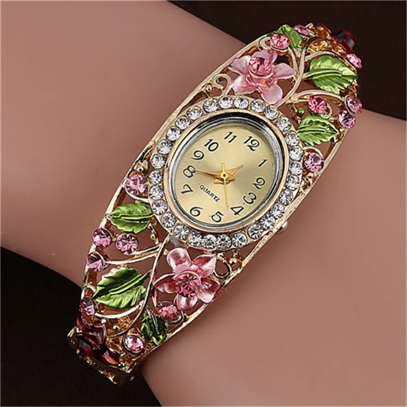 Часы с кристаллами и цветком из золота 18 К женские кварцевые часы под платье