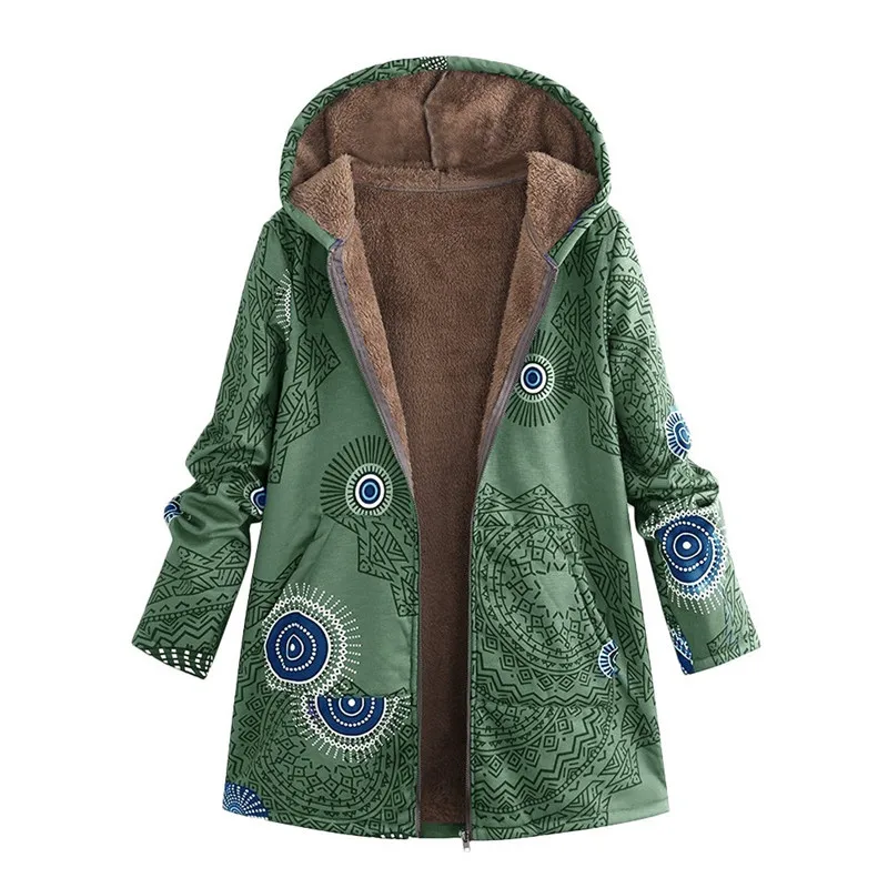 Manteau Femme Hiver, женская зимняя теплая верхняя одежда, с принтом, с капюшоном, с карманами, Ретро стиль, большие размеры, пальто, модное кашемировое пальто, женские куртки