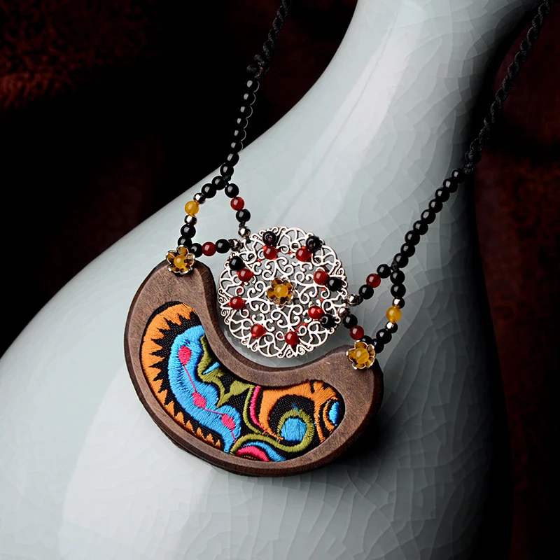 Этническая Вышивка деревянная подвеска для ожерелья женщин из медного сплава roudn