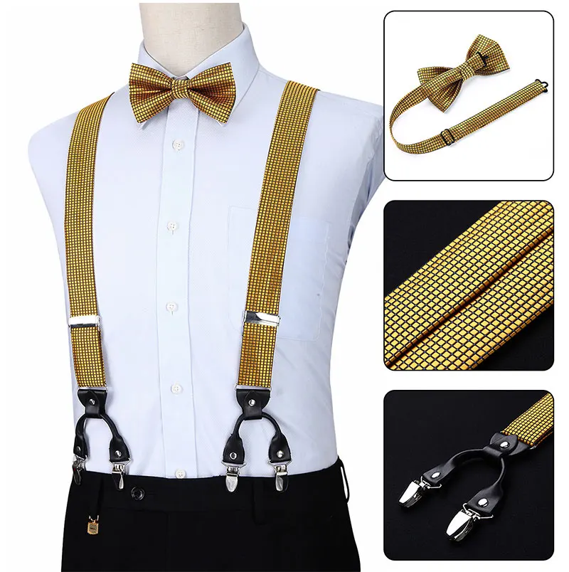 Мужские подтяжки, вечерние, свадебные, в клетку, продано, мода, различные 6 клипов, предварительно завязанная бабочка Карманный платок, набор, регулируемые подтяжки S05
