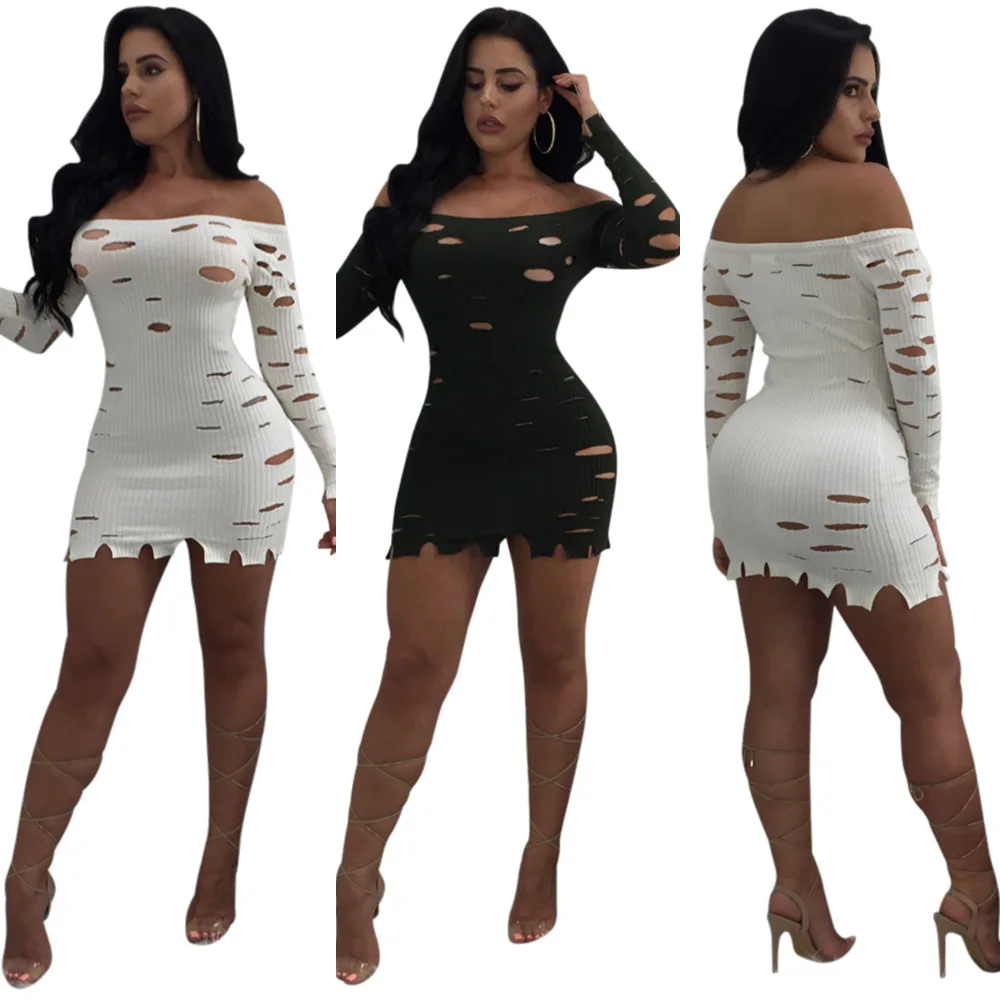 С открытыми плечами отверстия пакет хип вязать Bodycon платье Женщины Черный Белый
