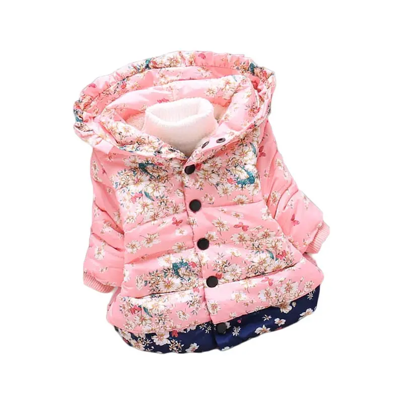

2022 Winter Baby Girls Jacket Kids Warm Cotton Outwear Coats Children Floral Print Hooded Jackets For Girls Clothes