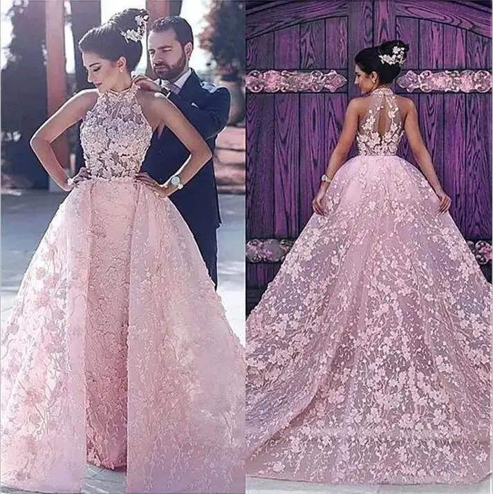 Розовое платье Vestido De Noiva мусульманское свадебное платье тюлевые аппликации кружево съемный Дубай арабское свадебное платье невесты