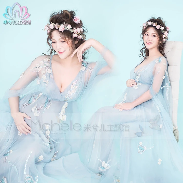 New Fancy Pregnancy Photo Shoot Studio Clothing Maternity Gorgeous Long Flower Dress Pregnant Photography Props Dress