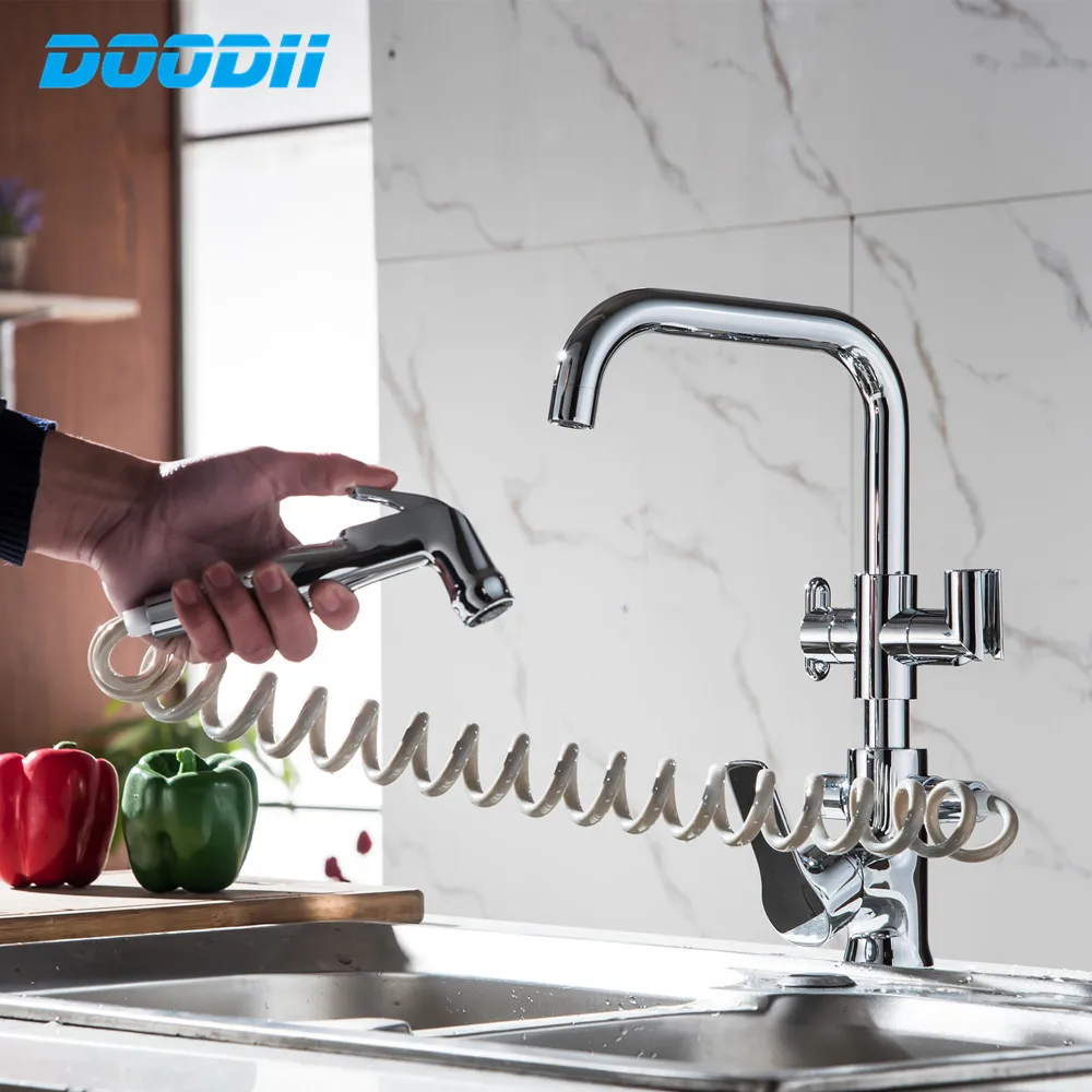 Смеситель для кухни DOODII вытяжной с двойным носиком одним рычагом и возможностью