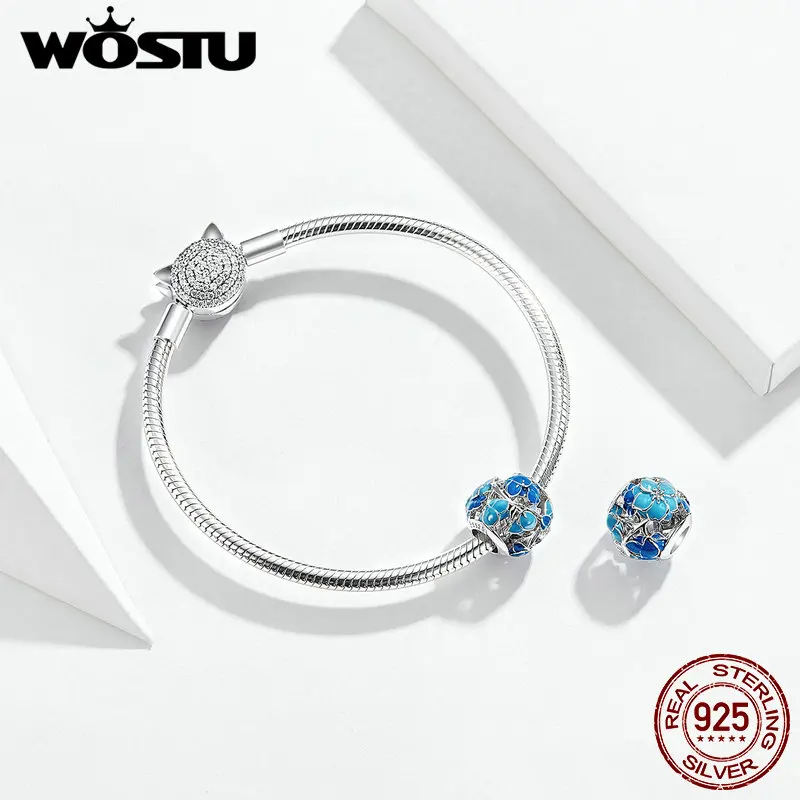 WOSTU бусины в виде цветов голубого цвета, 925 пробы, серебряный шарм, браслет с подвеской, модное ювелирное изделие FNC087