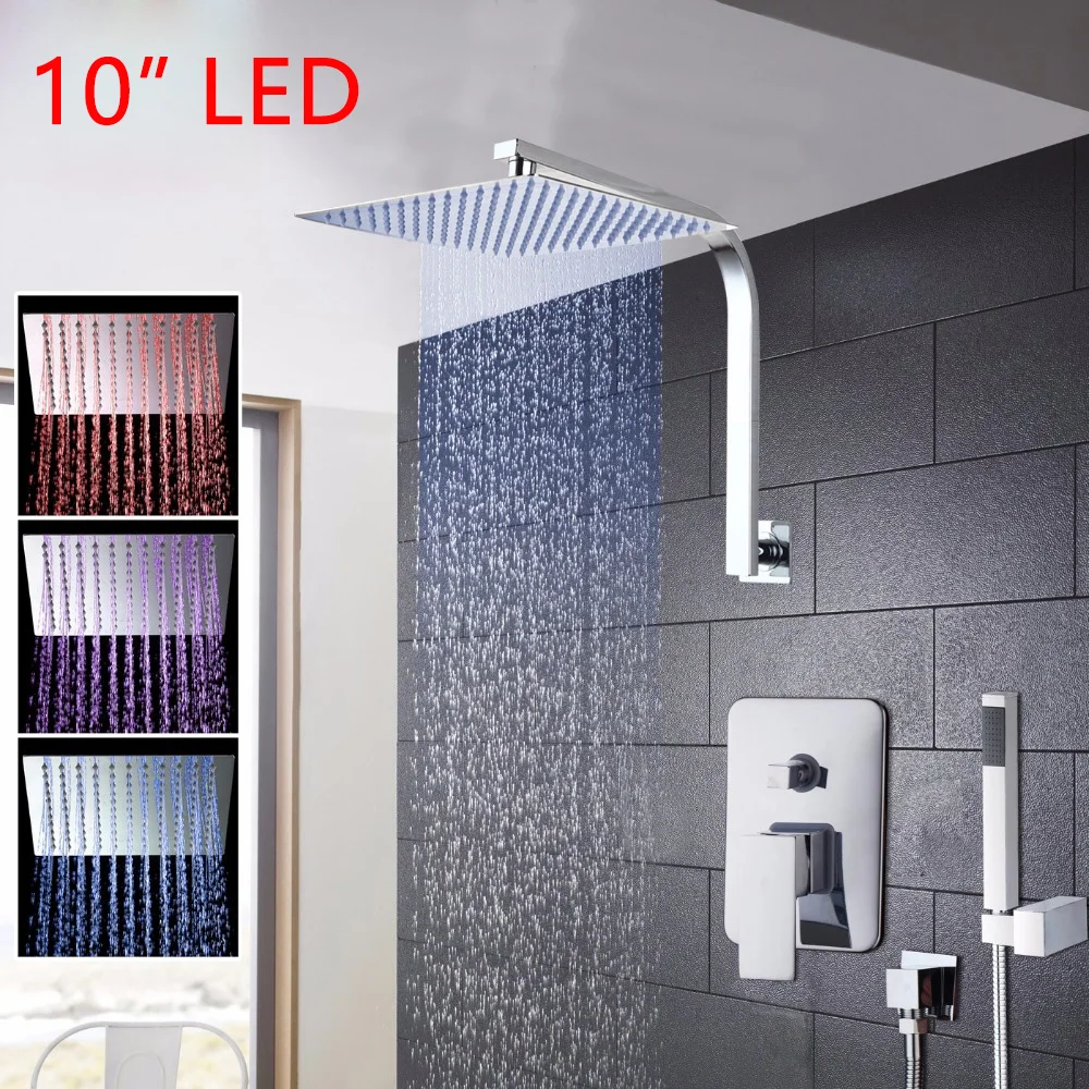 10 LED Shower Set JIENI 8, 10, 12, 16 дюймов светодиодный дождевой душевой набор для ванной комнаты, ручная Душевая насадка, настенный квадратный хромированный латунный душевой набор с водопадом - Цвет: 10 LED Shower Set