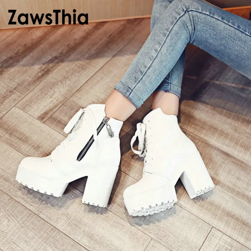 ZawsThia/ г., зимние белые женские ботинки на платформе и высоком массивном каблуке женские ботильоны на молнии со шнуровкой, размер 33-43, ботинки