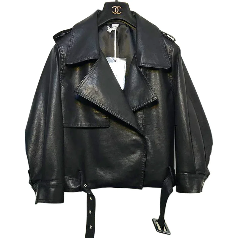 Black Новинка, женские кожаные куртки BF Wind, Женский наручный фонарь с рукавом, пальто из искусственной кожи, свободная повседневная верхняя одежда из искусственной кожи, большие размеры - Цвет: Black