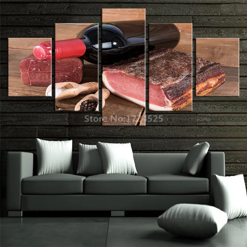 CLSTROSE HD Prints Pictures Home Decor Room 5 Pieces Red Wine And Meat Paintings Kitchen Wall Art For Living | Дом и сад