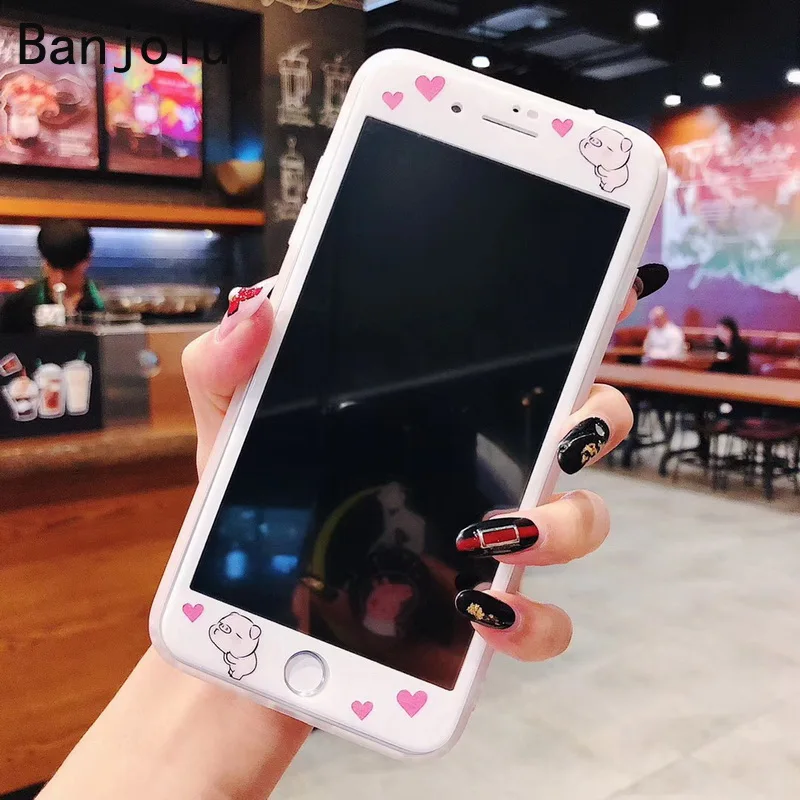 Чехол Banjolu Cute Pig Heart + Защитное стекло для экрана из закаленного стекла для телефона iPhone X XR XS MAX 8 7 6 6s Plus с мягкой задней крышкой.
