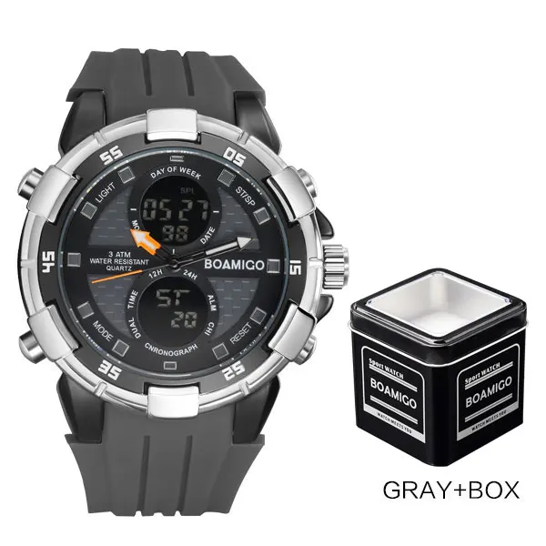 gray with box Мужские часы BOAMIGO, спортивные цифровые часы, светодиодный дисплей, резиновый ремешок, наручные часы 30 м, водонепроницаемые часы с датой и неделей, Желтые часы в подарок - Цвет: gray with box