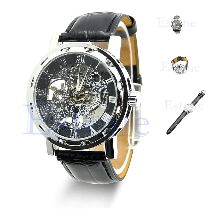 

Classic Men's Black Leather Skeleton Dial Mechanical Army Wrist Watch Sport