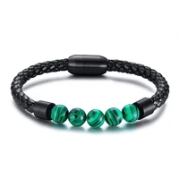 black leather magnet buckle men bracelets bangles with blue green stone charm high quality fashion jewelry gift