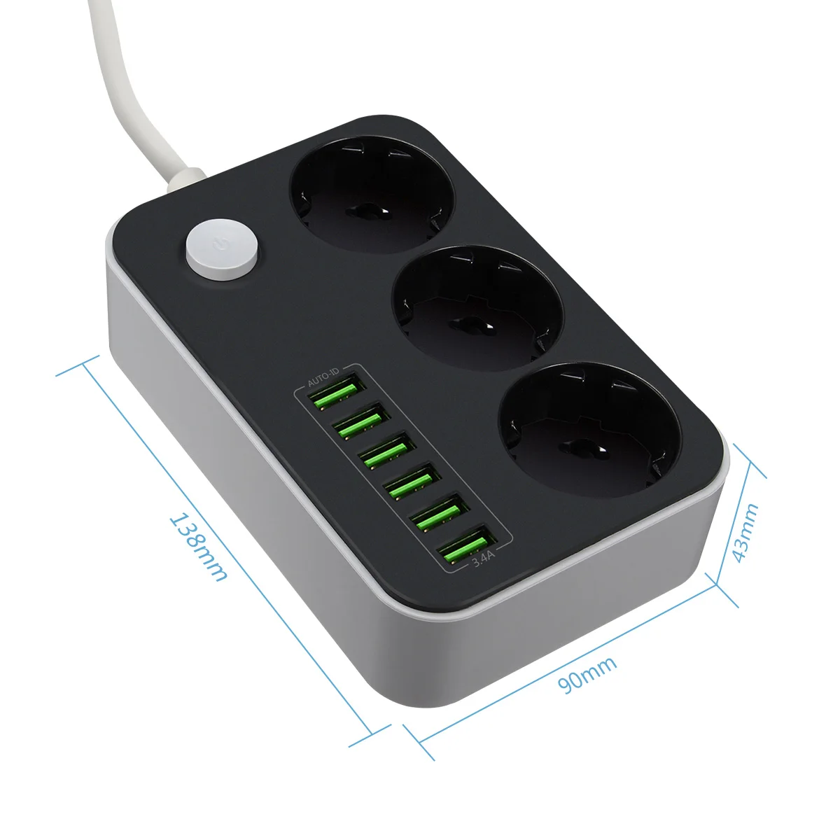 5V 3.4A Настольная 3 Розетка 6 USB порт 5.24 фута/1 м штепсельная вилка европейского