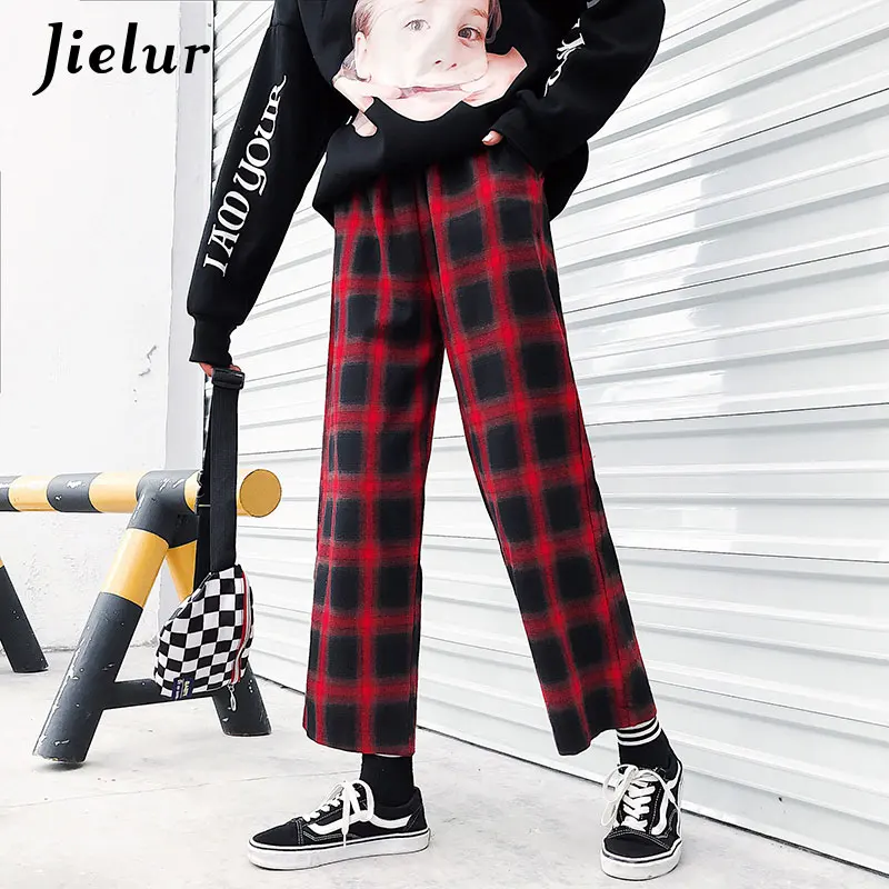 Красный Jielur Ulzzang, корейские женские штаны,, Харадзюку, хип-хоп хипстер, свободные широкие штаны, черные клетчатые панталоны, женская уличная одежда, M-XL - Цвет: Красный