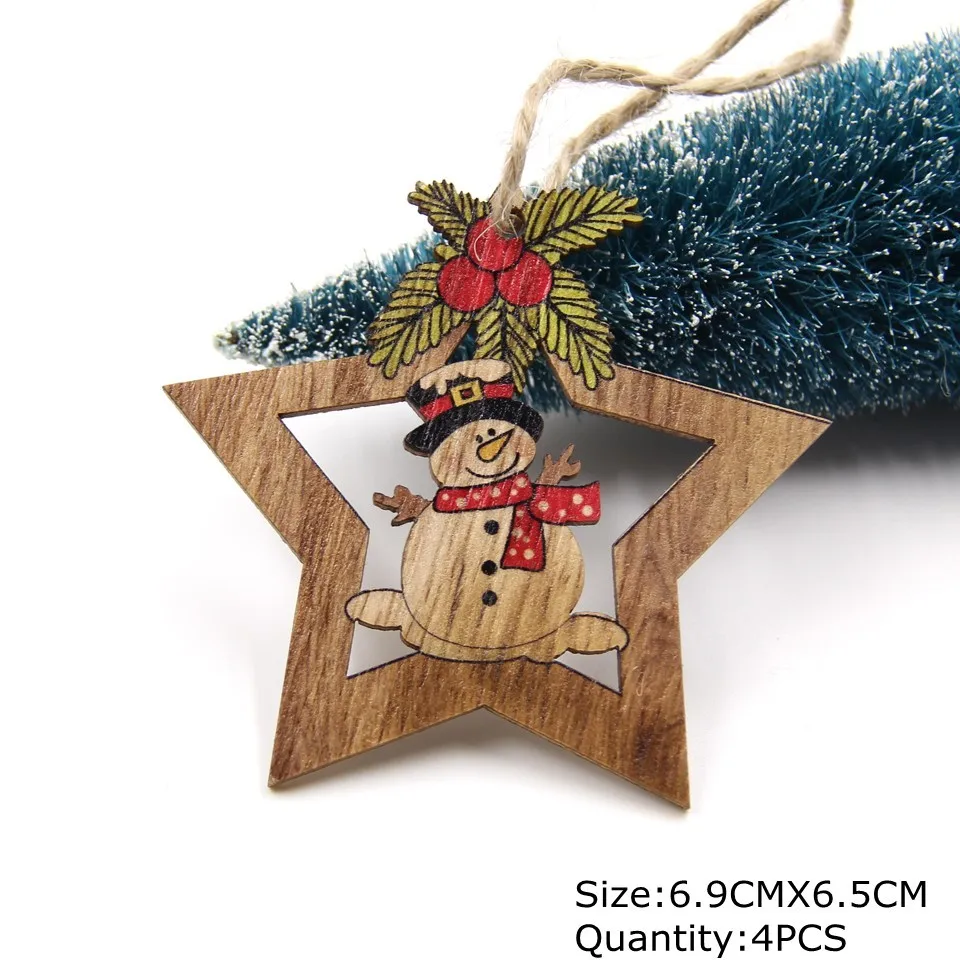 4PCS Star Printed Wooden Pendants Ornaments Xmas Tree Ornament DIY Wood Crafts Kids Gift for Home Christmas Party Decorations - Цвет: 4PCS Star Snowman