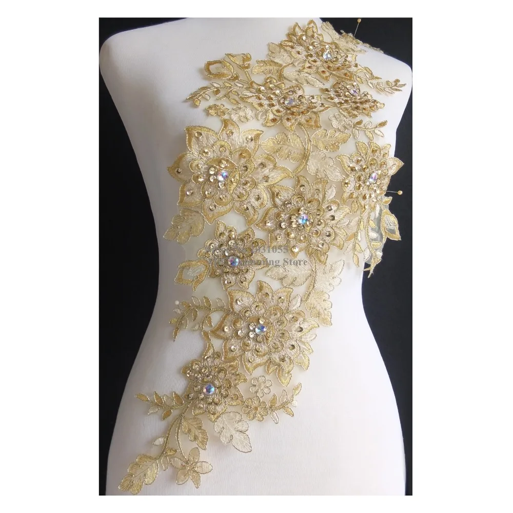 Новый ручной изготовленный золотистый/кремовый пайеточный бисерный вышитый аппликации на шее для одежды с 3D цветочными вышивками воротниками DIY ремесло TBNC107L.