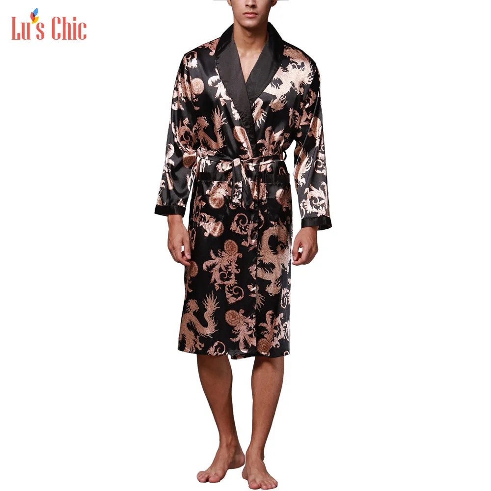 

Lu's Chic Satin Kimono Robe Long Sleeve Silky Bathrobe Luxurious Bath Robes Men House Coat Sleepwear