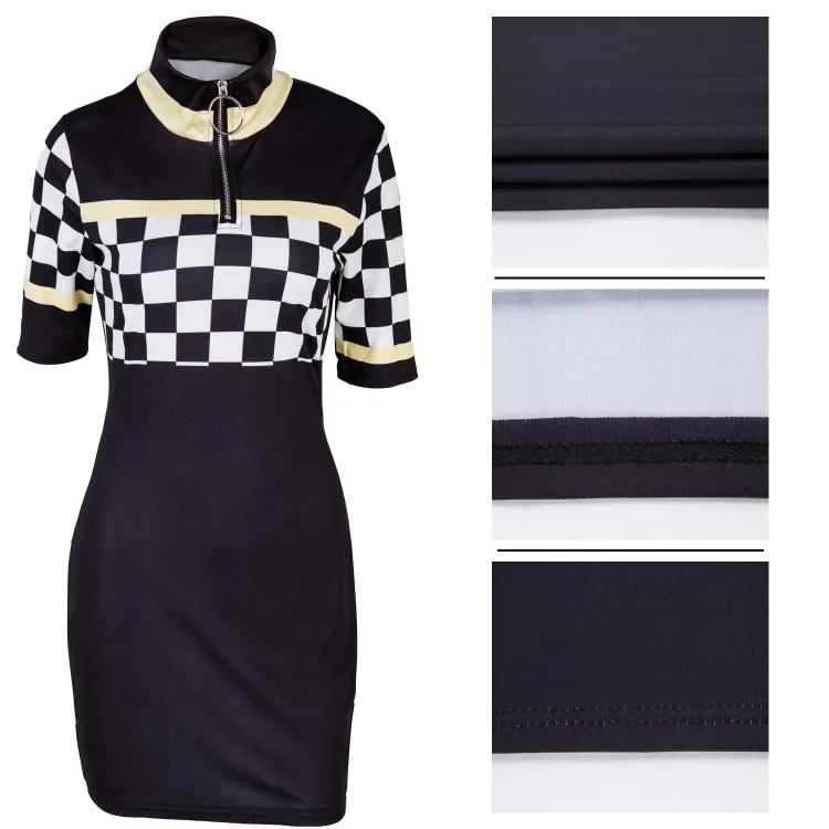 

OMILKA Dress 2018 Summer Women Short Sleeve Zipper Plaid Hippie Dress Casual Black Blue Red Baseball Racing Mini Dress