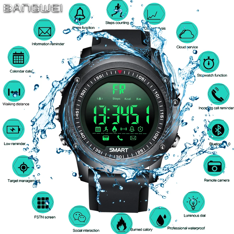 BANGWEI цифровые часы для мужчин Bluetooth Шагомер Секундомер 50 м глубина водостойкий