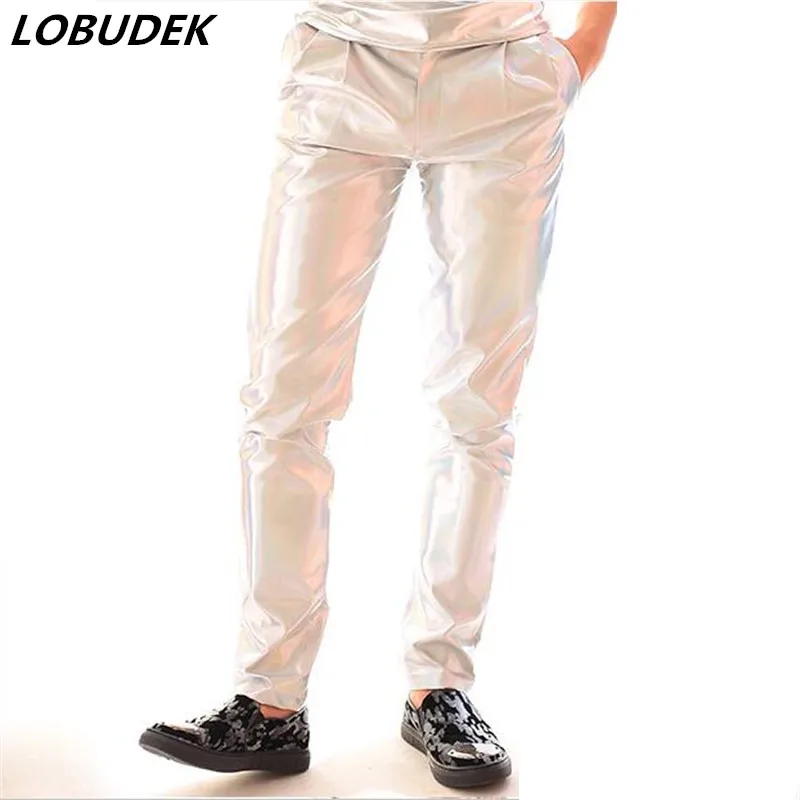 

PU leather male Silvery pants costumes fashion slim tide trousers Pants singer dancer show nightclub performance Rock Jazz show