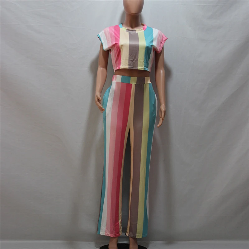 

Europe 2020 New Summer Sexy Female models set color striped navel Suit Fashion Casual Temperament Slim Women Suit W006