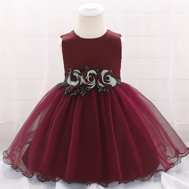 Wine red Платья для маленьких девочек Одежда для маленьких девочек для крещения платье принцессы для ребенка Нарядные платья для девочек Платье для первого дня рождения Детские платья для новорожденных - Цвет: Wine red