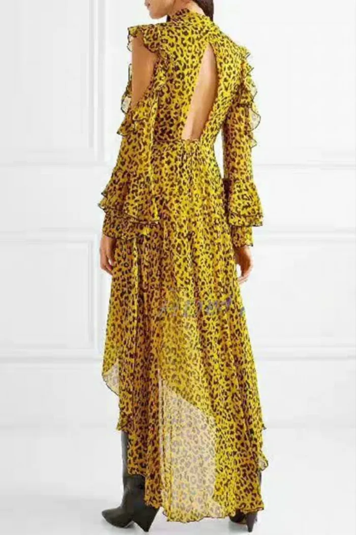 Runway 2019 Summer Maxi Long Dresses Chiffon Luxury Leopard Print Irregular Collection Sexy V-neck Hollow Out Back Ruffles Dress | Женская
