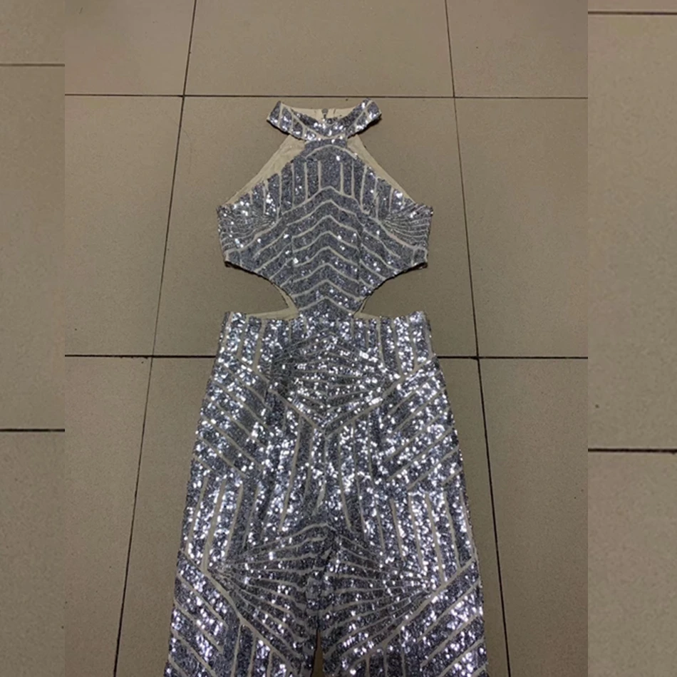 

New Sexy Silver Sequin Jumpsuit 2019 Elegant Women Sleeveless patchwork Bodyocn Fashion Clubwear Mesh Party Jumpsuits Wholesale