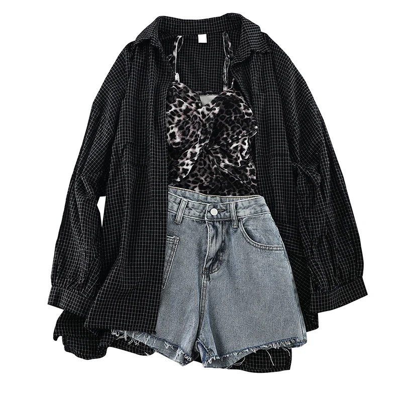 2019 new fashion women's two piece set Cotton plaid shirt sun clothing Leopard gold velvet +denim shorts three-piece female H417 | Женская
