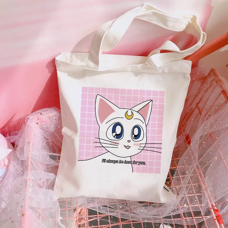 Сейлор Мун кошка милая сумка на плечо Harajuku мультфильм печати Холщовая Сумка Женская колледж Забавный Милый японский открытый карман сумки